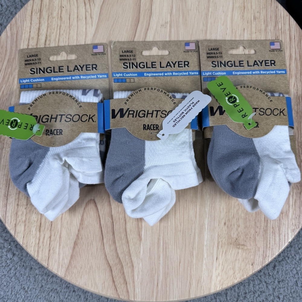 Wrightsock Racer Large M 8.5-12 W 9.5-11 White Grey Single Layer Cushion 3 Pack